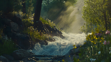 Fototapeta premium Sunlit Waterfall in a Lush Forest