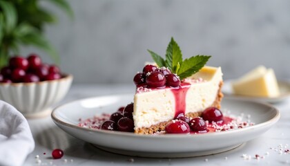 Cranberry cheesecake with white chocolate ganache and mint garnish