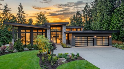 Modern house sunset suburban landscape real estate photography