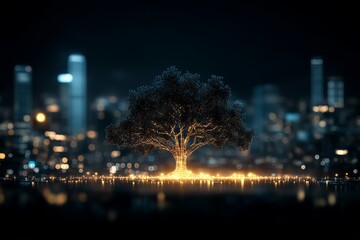 Fototapeta premium Illuminated tree stands in urban landscape at night surrounded by city lights and reflections in the foreground