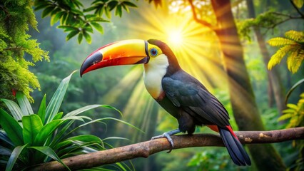 Colorful Toucan Perched on Branch in Lush Tropical Forest