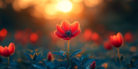 Vibrant red flowers blooming at sunset