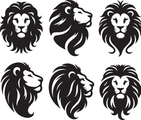 Naklejka premium set of Asiatic Lion face poses,Asiatic lion face silhouette, Asiatic lion head vector, black and white lion face, lion face poses set, lion head illustration