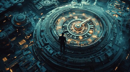 Fototapeta premium Futuristic clock mechanism; person observing; complex background; science fiction concept art