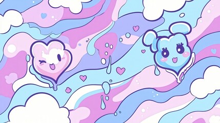 Colorful whimsical illustration of hearts and cute characters in waves