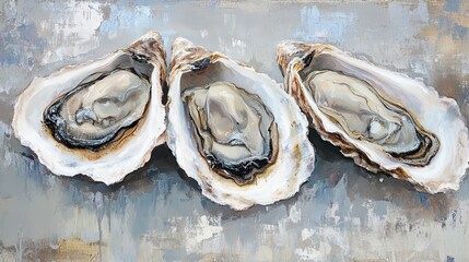 Three Oysters Painting Artistically Rendered in Oil with Textured Background