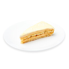 Piece  cake on a plate, white background, isolate.