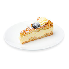 Piece  cake on a plate, white background, isolate.