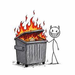Diabolical evil stick figure meme setting fire to garbage dumpster bin - isolated on white