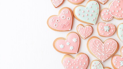 Colorful Heart-Shaped Cookies with Icing on a Light Background