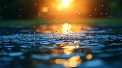 Sunset rain puddle water drops nature background