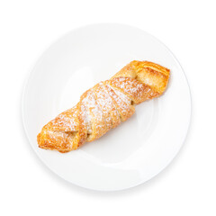Puff pastry baking on a plate, top view, white background, isolate.