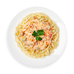 Italian pasta on a plate, top view, white background, isolate.