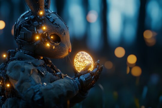 Robot rabbit holds glowing egg in forest during twilight - Powered by Adobe