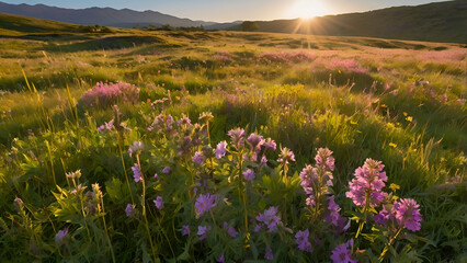 Obraz premium Vibrant wildflowers in pink and yellow fill a meadow beneath a clear sky, with rolling hills and a glowing sunset in the background Generative AI