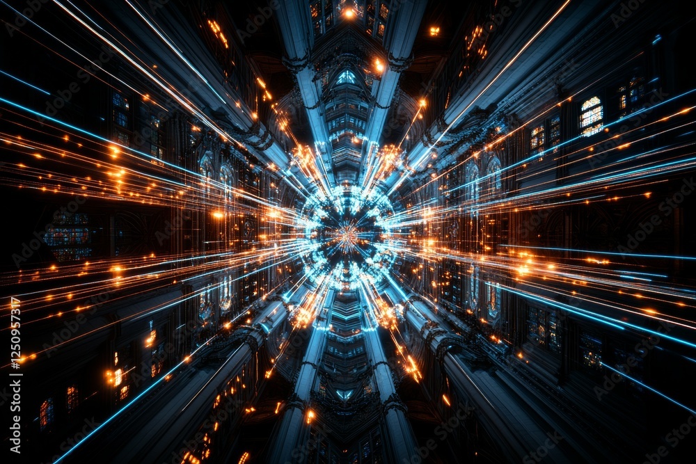 Poster dynamic light beams create vibrant patterns in an abstract space