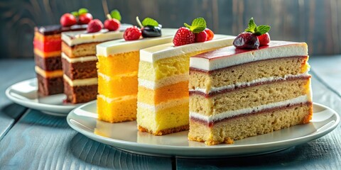 High-resolution images of delicious, isolated cake slices. Sweet dessert photography; bakery background.