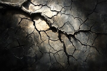 Obraz premium Cracked earth, sunlit branch, drought, arid land, environmental