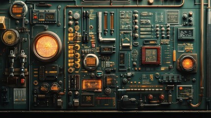 Fototapeta premium Steampunk control panel glowing, futuristic, digital, background, technology