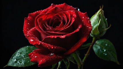 Beautiful Red Rose Macro Photography with Dew-Kissed Petals, Sparkling Water Droplets, and a Deep Black Background for a Romantic Floral Aesthetic
