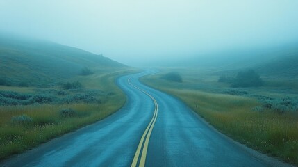 Fototapeta premium Foggy winding road, misty hills, travel journey, scenic background, website banner