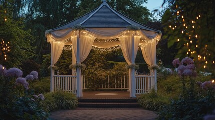 A white gazebo decorated with soft fabric drapes and fairy lights in a romantic garden