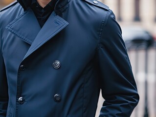 Close-up of a stylish navy blue trench coat on a man in city background