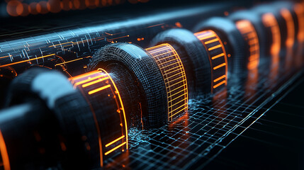 A futuristic holographic display of a hydroelectric power plant, glowing blue energy streams forming intricate turbine structures in a sci-fi inspired atmosphere