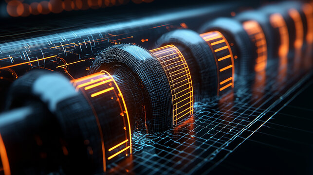 A futuristic holographic display of a hydroelectric power plant, glowing blue energy streams forming intricate turbine structures in a sci-fi inspired atmosphere