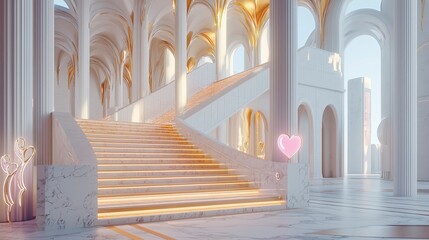 Obraz premium Elegant White Staircase with Golden Accents and Soft Pink Lights