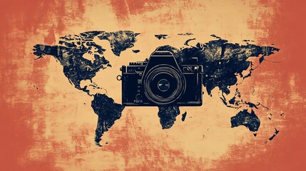 Creative Illustration of a DSLR Camera with a Vibrant World Map Background – Travel and Photography Concept