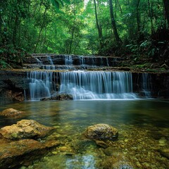 Serene jungle waterfall cascades; tranquil pool, lush green canopy background; nature tourism
