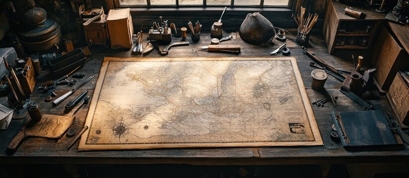 Antique map on workshop table, tools scattered, window background, adventure planning