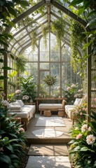 Luxurious Winter Garden Lounge: Glass-Enclosed Relaxation Room with Abundant Lush Greenery and Chic Sofas & Chairs Bathed in Daylight