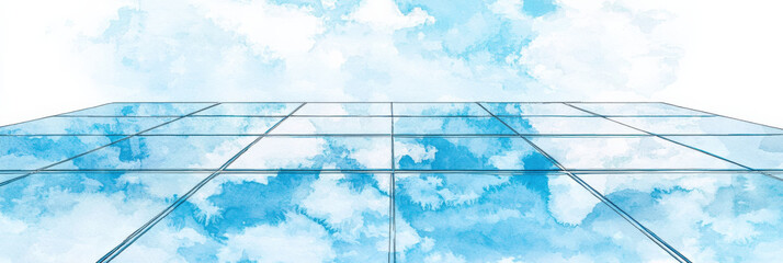 Fototapeta premium Abstract_tiled_floor_reflecting_light_blue_sky_and_white_clouds,_perspective_view.