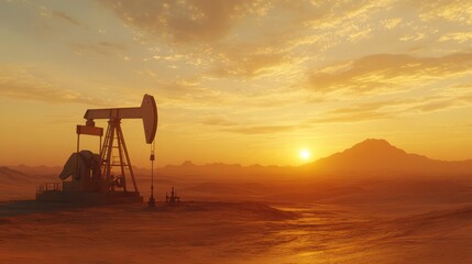 Naklejka premium Oil pump jack at sunset in desert landscape.