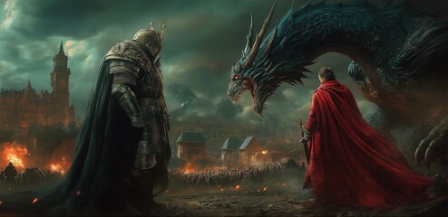 Epic battle between warrior and dragon fantasy realm digital art dark atmosphere side view conflict and courage