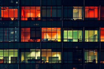 an office building at night with windows