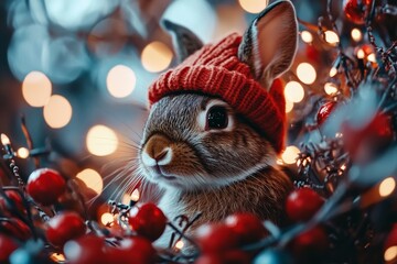 Cute rabbit wearing a red knit hat surrounded by festive lights and berries during winter holiday season