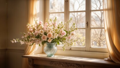 Refined Floral Windowsill: Elegant Vases and Stunning Bouquets Bathed in Warm Backlight, Creating a Timeless Poster and Card Concept