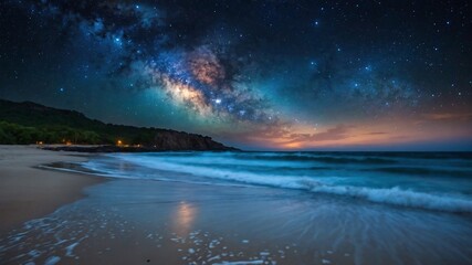 Serene Nighttime Beach Landscape with Milky Way Stars and Tranquil Ocean Waves