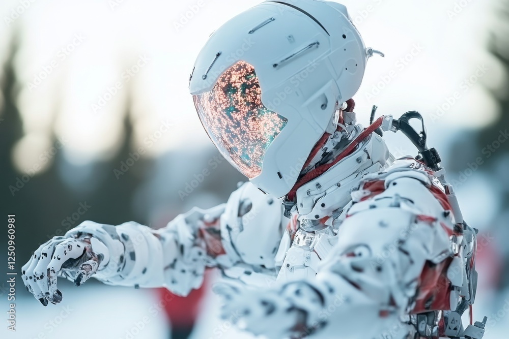 Poster advanced humanoid robot exploring snowy terrain with intricate design features during daylight hours