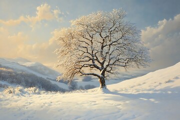 Obraz premium Snow-Covered Tree on a Winter Landscape