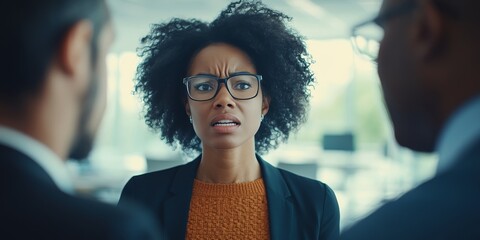 Uncomfortable Encounter Woman Navigates Tense Workplace Standoff with Male Colleagues