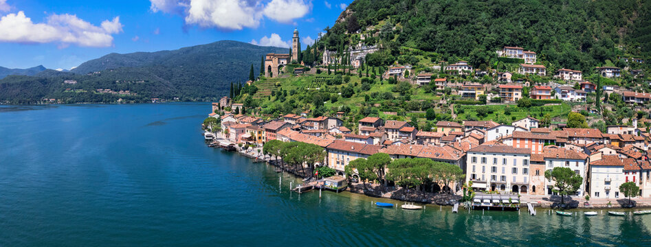 Morcote - one of the most beautiful villages in Switzerland, picturesque lake Lugano border with Italy,  canton Ticino. aerial panoramic view