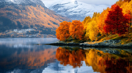 Obraz premium Serene Autumn Reflections in a Norwegian Fjord