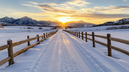 beautiful New Year sunrise over snowy landscape with mountains