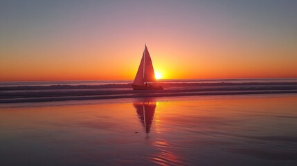 Fototapeta premium Sailboat silhouetted against a vibrant sunset over calm ocean waters, reflecting on the wet sand.