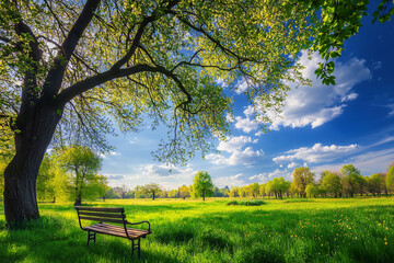Naklejka premium Old bench in a forgotten park surrounded by trees