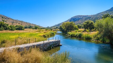 Fototapeta premium Calm river flowing through sun-drenched valley. Ideal for travel brochures